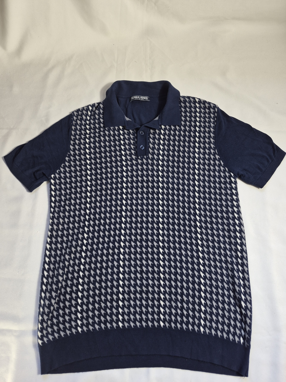 PJ PAUL JONES Mens Large Knit Polo Shirt Houndstooth Blue Short Sleeve Button Up
